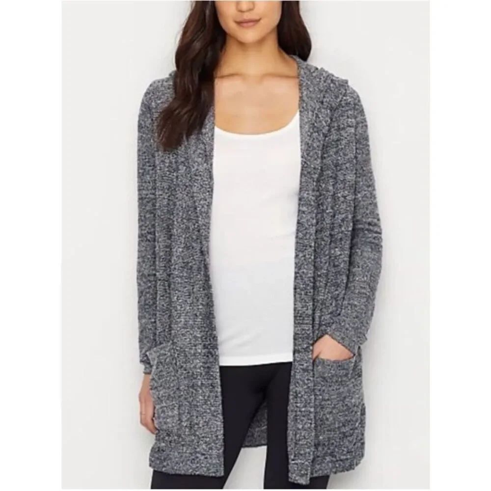 Barefoot Dreams Cozychic Lite Hooded Cardigan Sweater Heather Navy Blue Medium